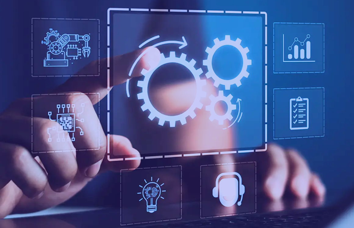 Engranajes e iconos representando automatización de procesos